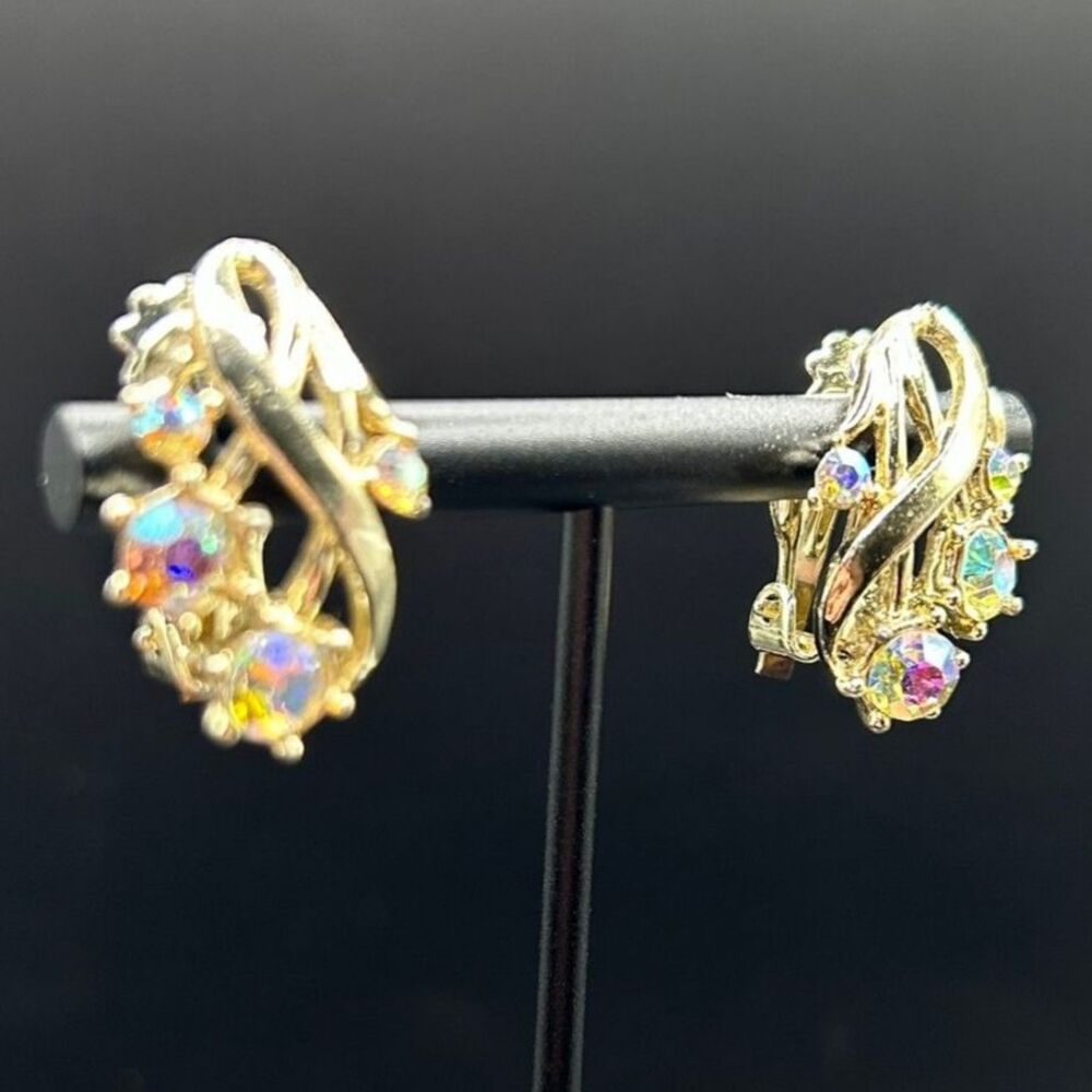VTG 60's Designer Signed STAR Earrings Clip-On Aurora Borealis Earrings